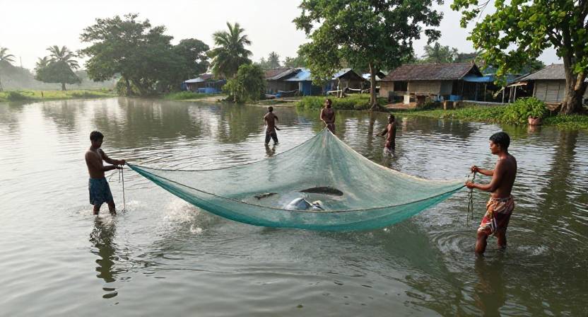 পুকুরে মাছ ধরার দৃশ্য, জাল ফেলে মাছ ধরা